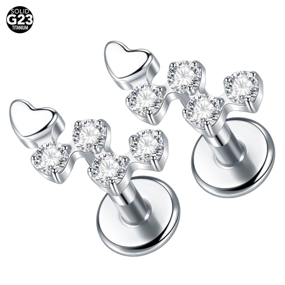 Tragus Flat Back - チタンとジルコニアの花の形をしたイヤリング,女性用,フラットバックイヤリング,めねじ,ヘリックス軟骨軟骨耳珠ピアス,16g, 1個