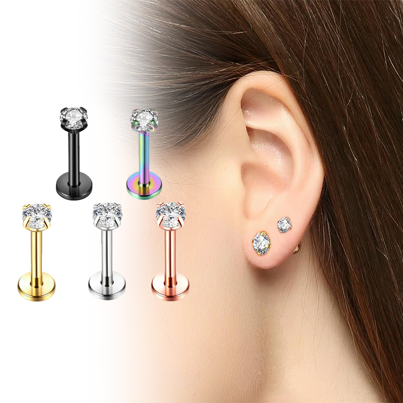 Body Jewelry Earrings - 16Gチタン製インターナルネジ式フラットバックキュービックジルコニアスタッドピアス、ラブレット、トラガス、軟骨、リップ、コンチ、ボディピアスジュエリー