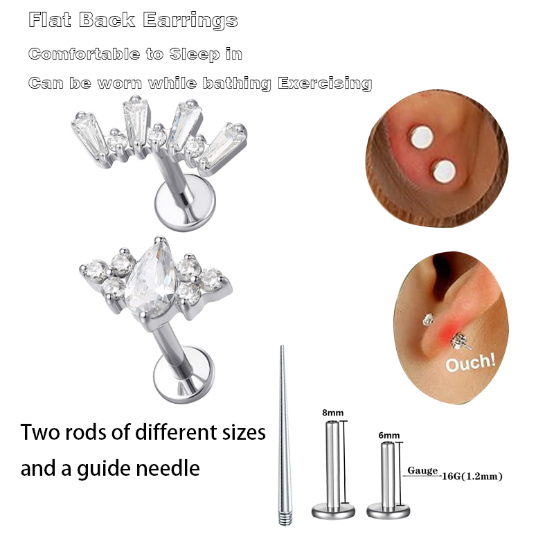 Tragus Flat Back - 1個入り ASTM規格 チタン製 ヘリックスピアス ジュエリー 軟骨ピアス