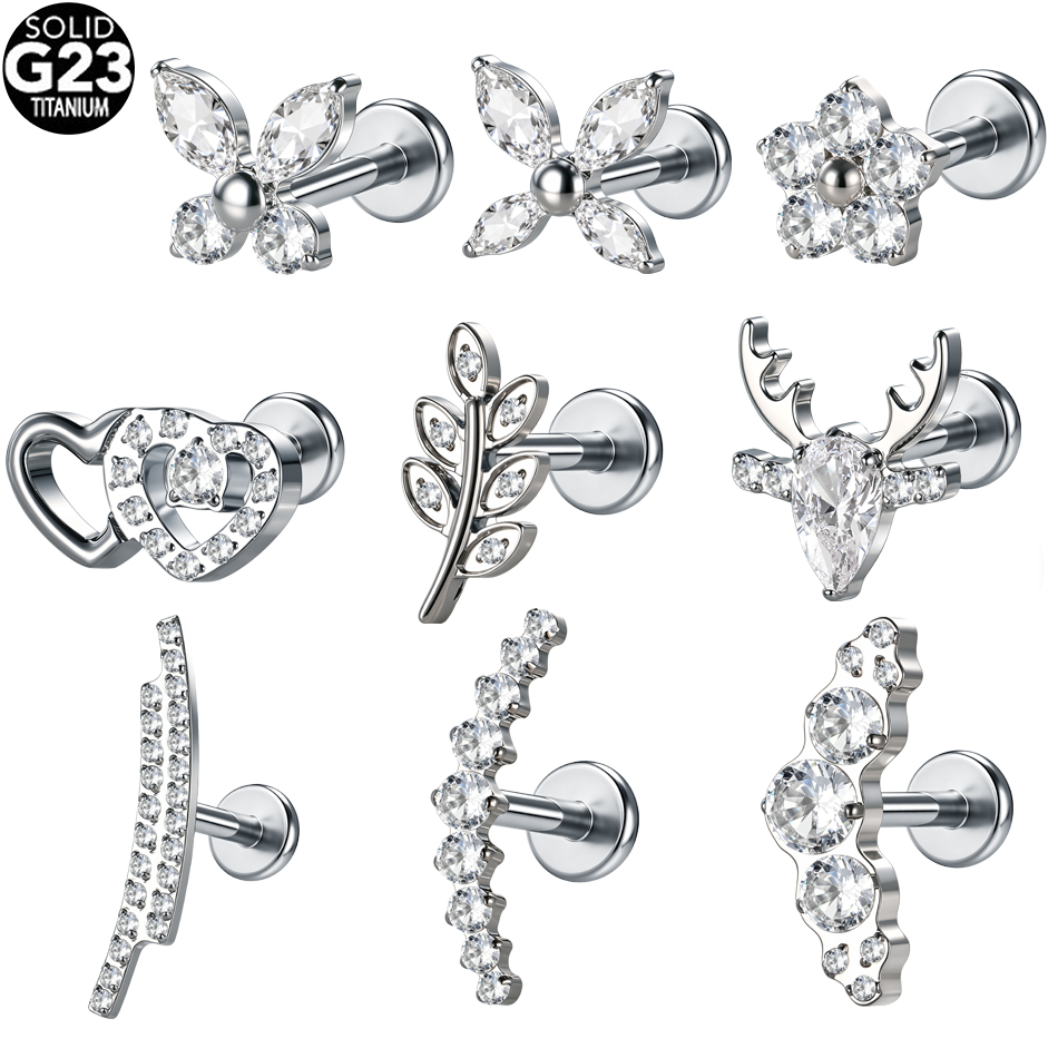 Belly Bar Titanium - 1/5個入り G23チタン製 バタフライフラワー CZ軟骨ピアス レディース ヘリックス耳