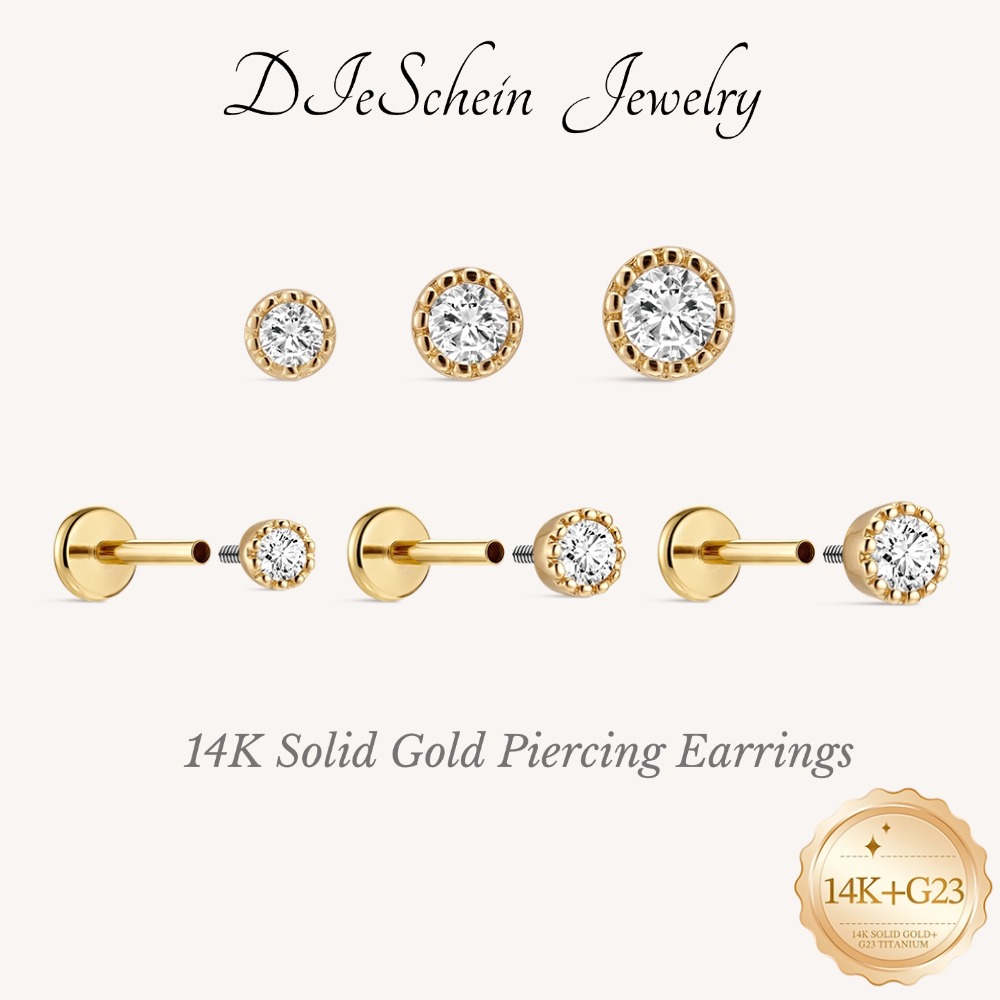 Tragus Flat Back - DIeSchein 14Kソリッドゴールドピアスイヤリング（女性用）、クラシックなフラットバックスタッドイヤリング（ヘリックス、トラガス、デイスピアス用）
