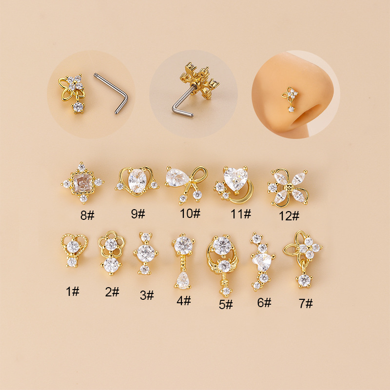 Body Jewelry Earrings - 20G L字型キュービックジルコニアノーズスタッド、サージカル316Lステンレス鋼製ノーズリップ耳ピアスジュエリー、女性女の子向けトレンド