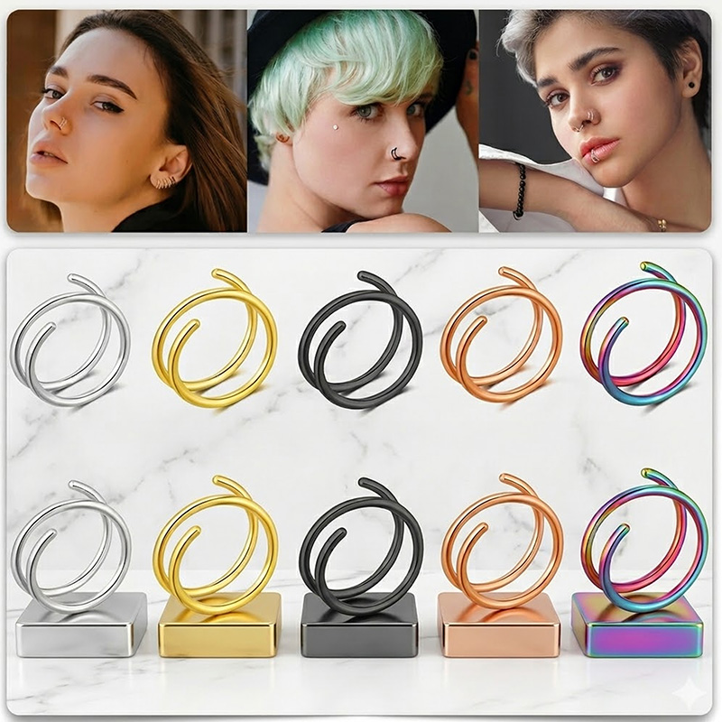 Body Jewelry Septum - 1PC ステンレス鋼 316 ダブルスパイラルまたは二重層ノーズリングフープセプタム軟骨トラガスリップピアスボディジュエリー