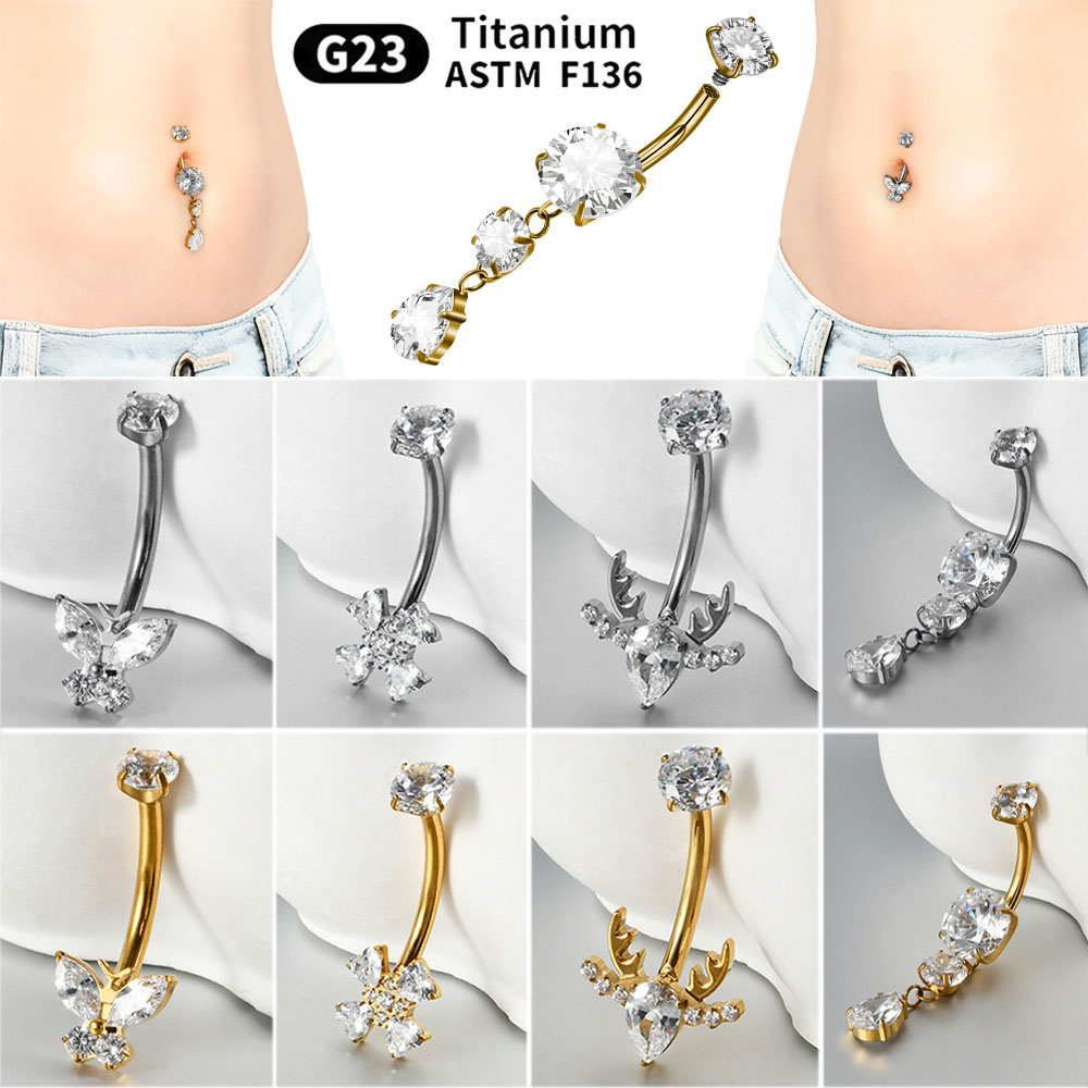 Belly Bar Titanium - 1PC チタン製フラワー/バタフライ型マーキスジルコンベリーボタンピアス（内ネジ式）16G