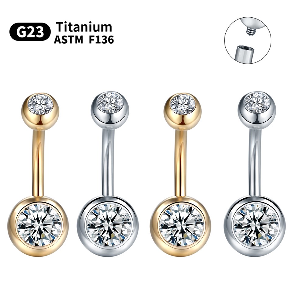 Belly Bar Titanium - 1PC G23 チタン 14 グラムゴールドカラーへそリングへそピアス CZ