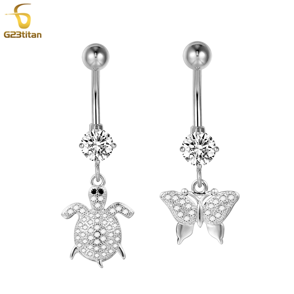 Belly Bar Titanium - シルバーカラーCZクリスタルダングルベリーボタンリング 14G チタンバーベル ネイベルピアス ボディジュエリー 女性用セクシーネイベルアクセサリー