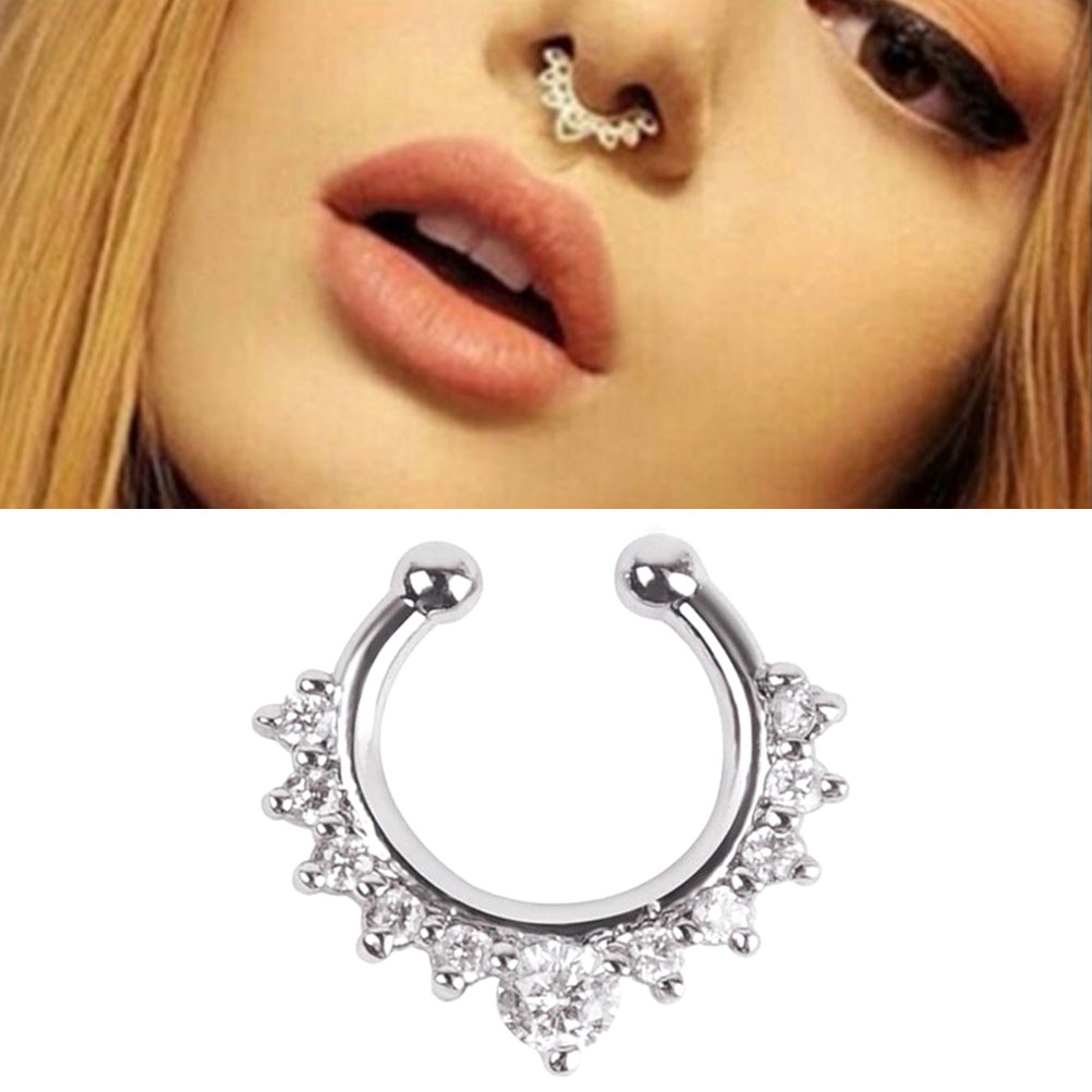 Body Jewelry Septum - スタイリッシュな合金製ノーズリング、キラキラ輝くジルコンクリスタル付き、非ピアス式セプタムジュエリー、女性用ボディジュエリー、パーティー、ナイトクラブ向け