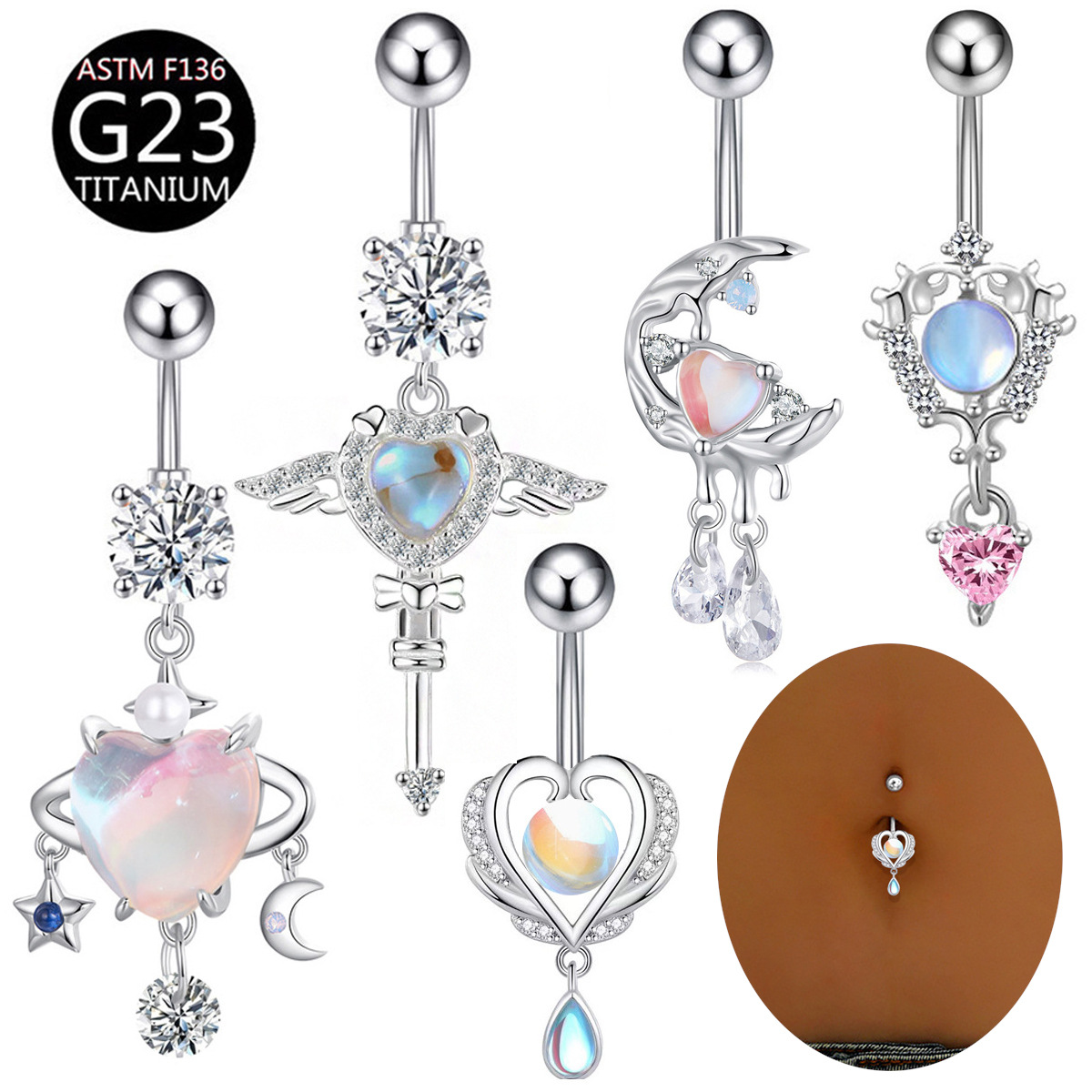 Belly Bar Titanium - G23チタン製ピアス ベリーボタンリング ラブオーロラ スタームーンペンダント ネーベルリング F136チタン製ベリーピアスジュエリー