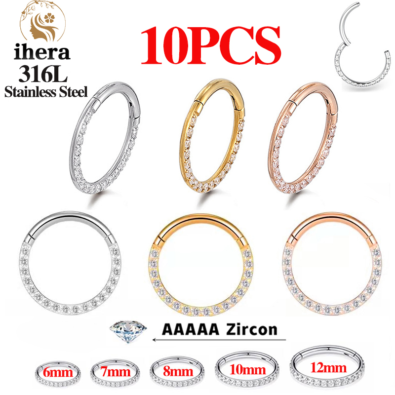 Body Jewelry Art - 1/10個入り ステンレス製ノーズリング セプタムクリッカー CZジルコン ヒンジ付きセグメント ラウンドイヤリング