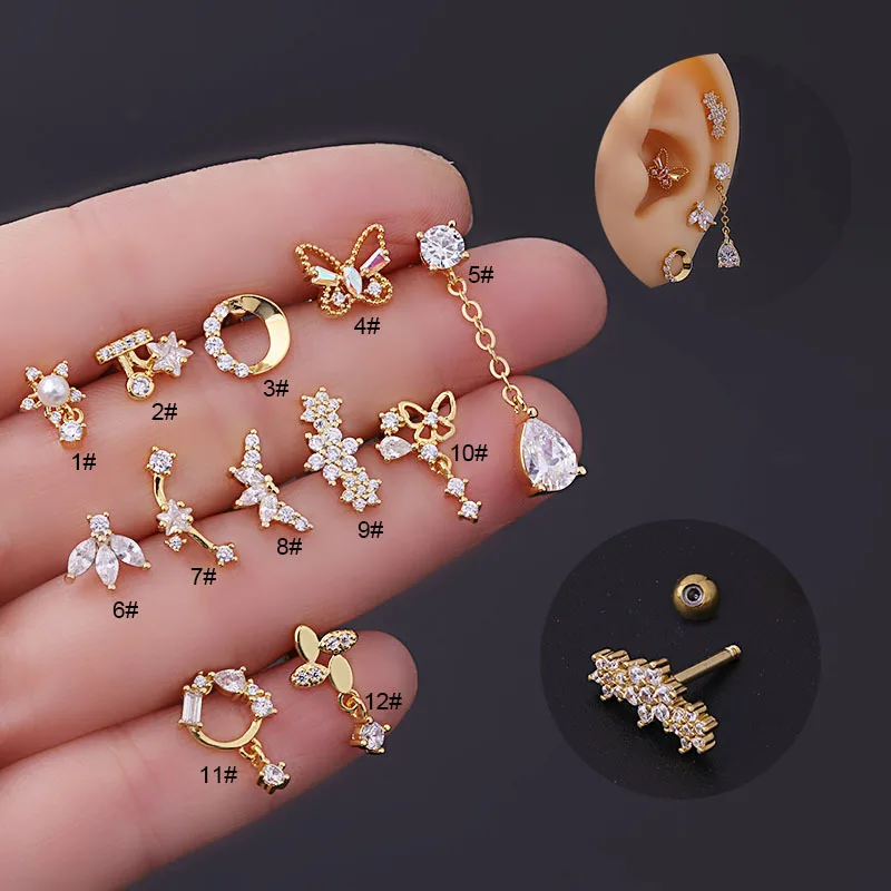 Tragus Flat Back - 16G トラガス・ヘリックス・コンチピアスジュエリー フラットバックCZスタッドピアス、敏感な耳用サージカルスチールキュービックジルコニアイヤリングスタッド