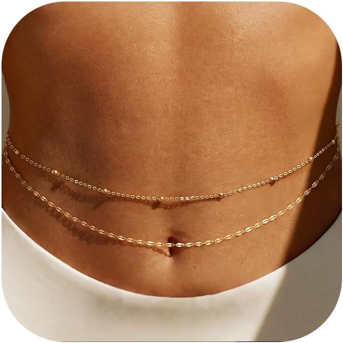 Body Jewelry Outfit - 14K金メッキウエストチェーン、女性用レイヤードウエストビーズ、ベリーボディゴールドチェーンベルト、防水サマービーチジュエリー（ビキニ用）