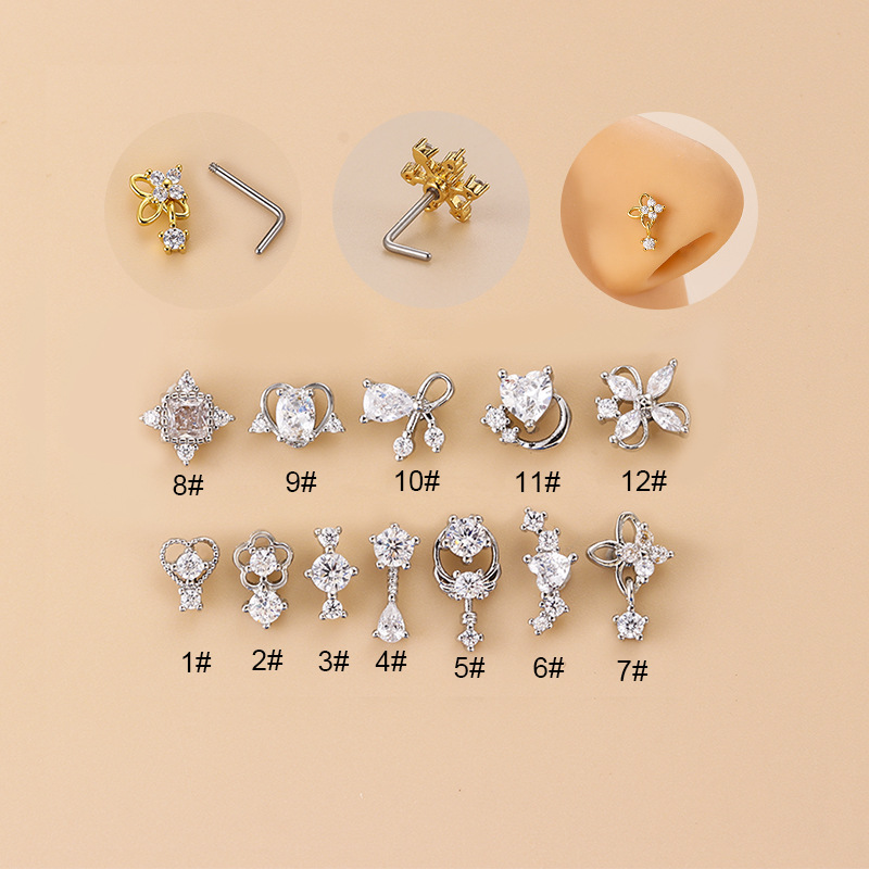 20G L字型キュービックジルコニアノーズスタッド、サージカ - Body Jewelry Earrings のレビューと価格