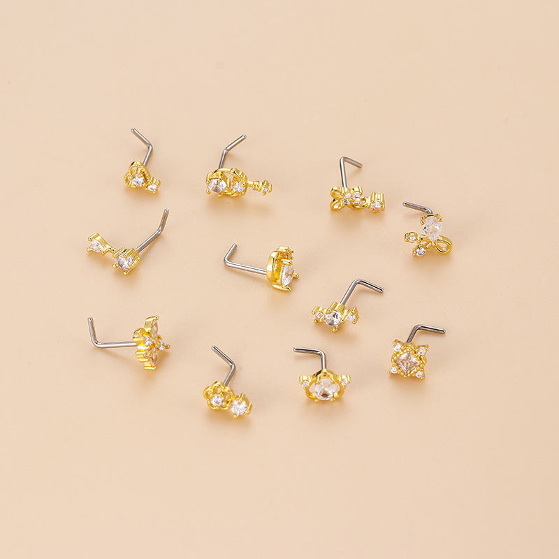 20G L字型キュービックジルコニアノーズスタッド、サージカ - Body Jewelry Earrings のレビューと価格