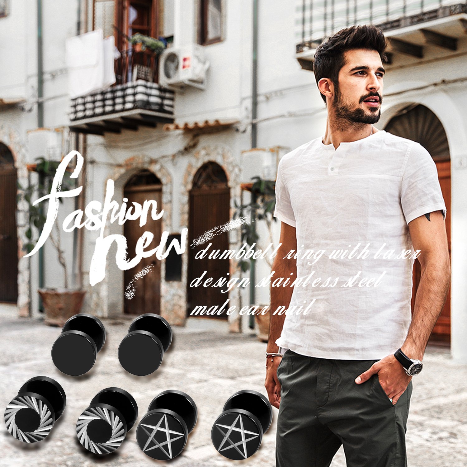 2 個/6 個ブラックステンレス鋼メンズレディース五角形スタ - Body Jewelry Ear Gauges のレビューと価格