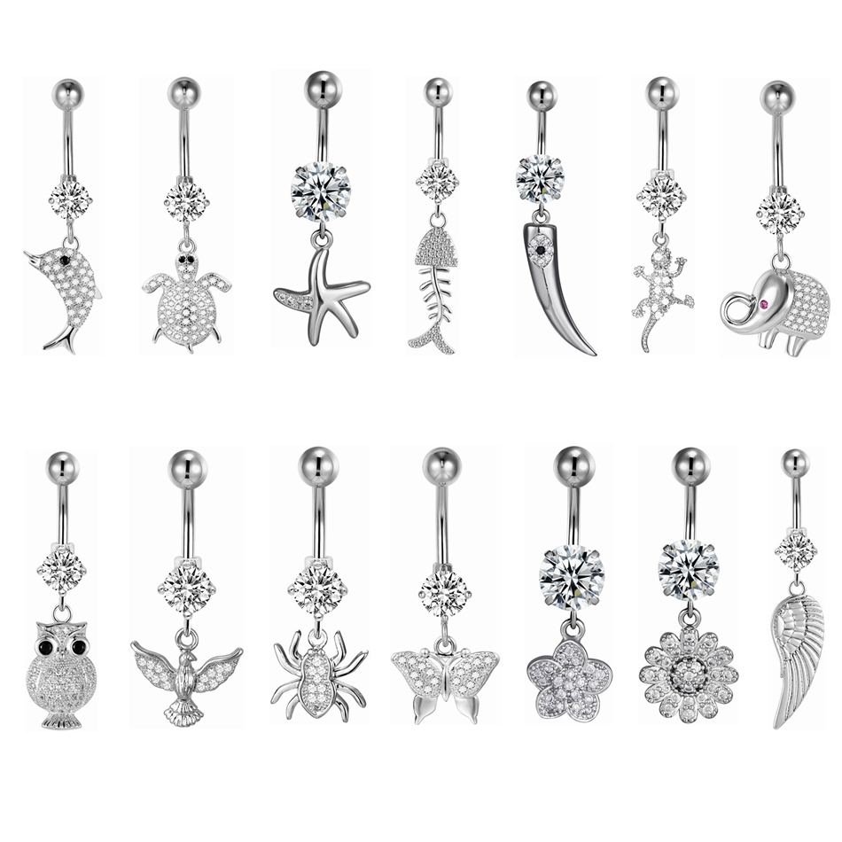 シルバーカラーCZクリスタルダングルベリーボタンリング 14 - Belly Bar Titanium のレビューと価格