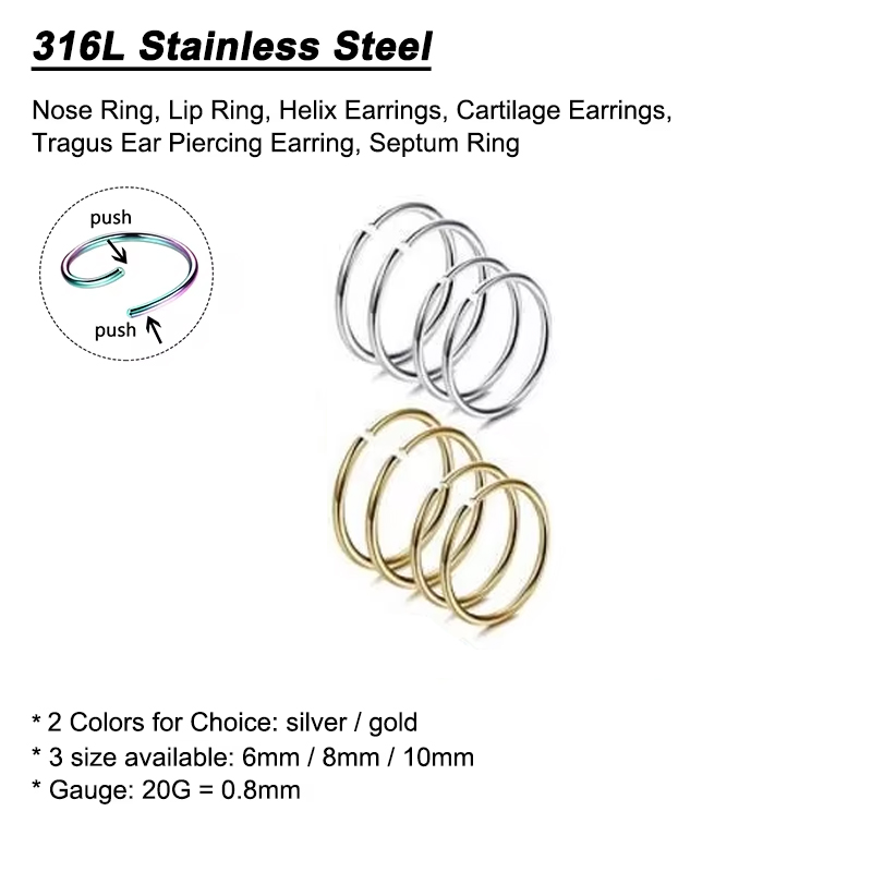 6個/ロット 低アレルギー性ノーズリングフープ 316Lサー - Body Jewelry Art のレビューと価格