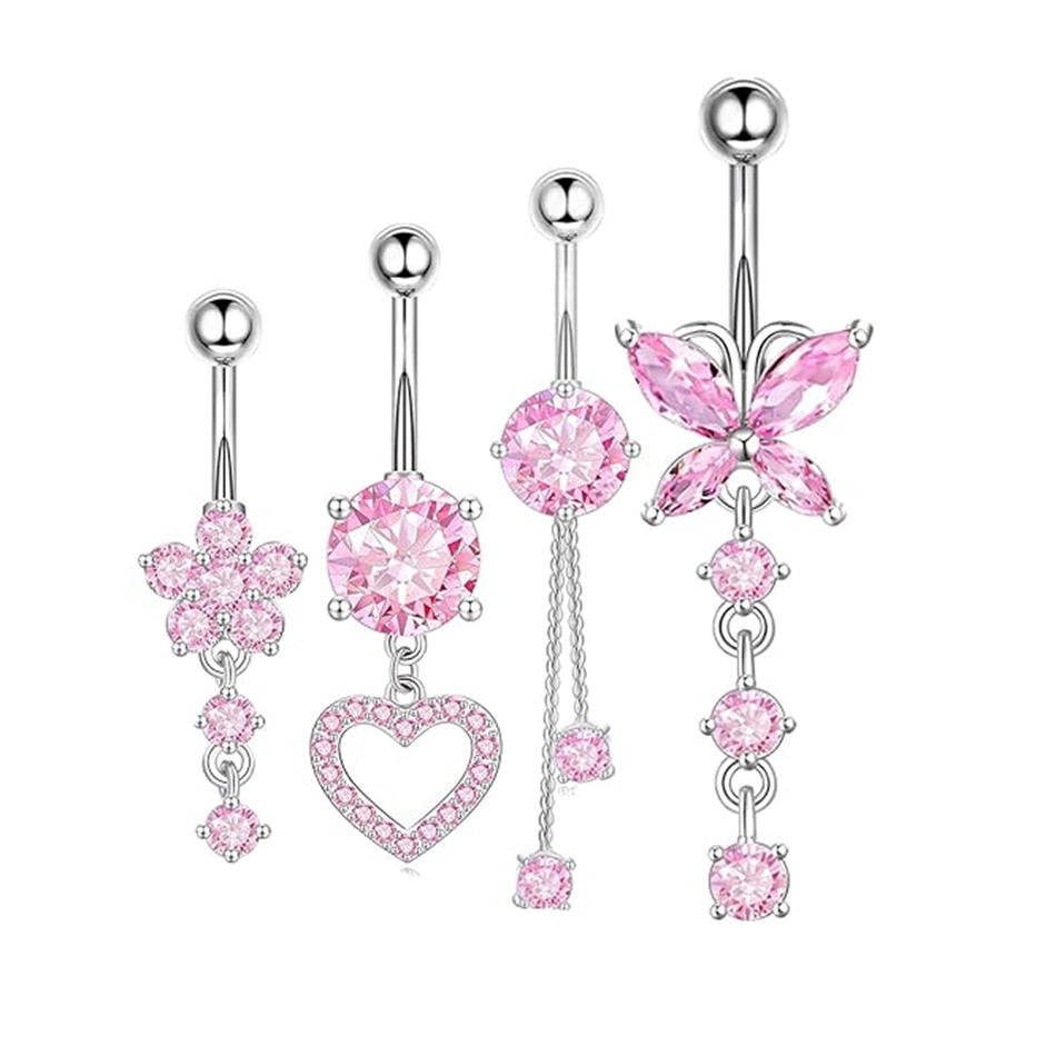 ピンク CZ ベリーボタンリング ダングルハート バタフライ - Belly Bar Titanium のレビューと価格