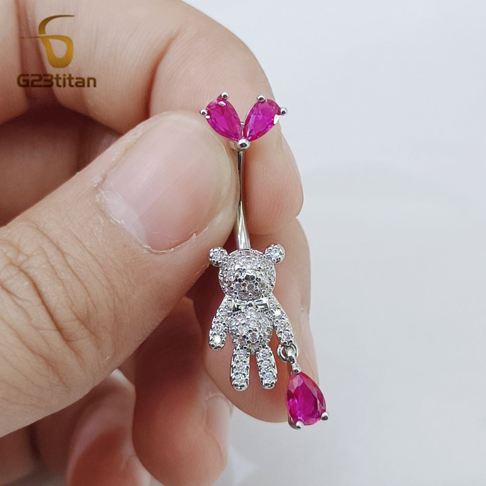 ピンク CZ ベリーボタンリング ダングルハート バタフライ - Belly Bar Titanium のレビューと価格