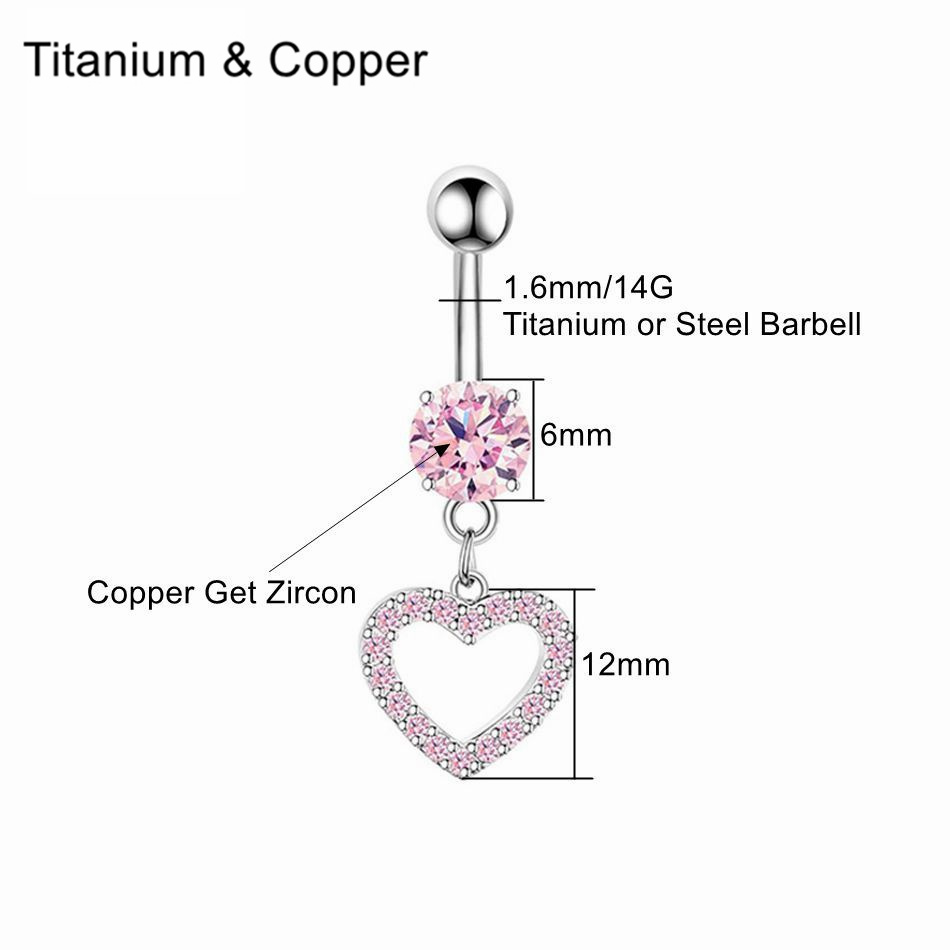 ピンク CZ ベリーボタンリング ダングルハート バタフライ - Belly Bar Titanium のレビューと価格
