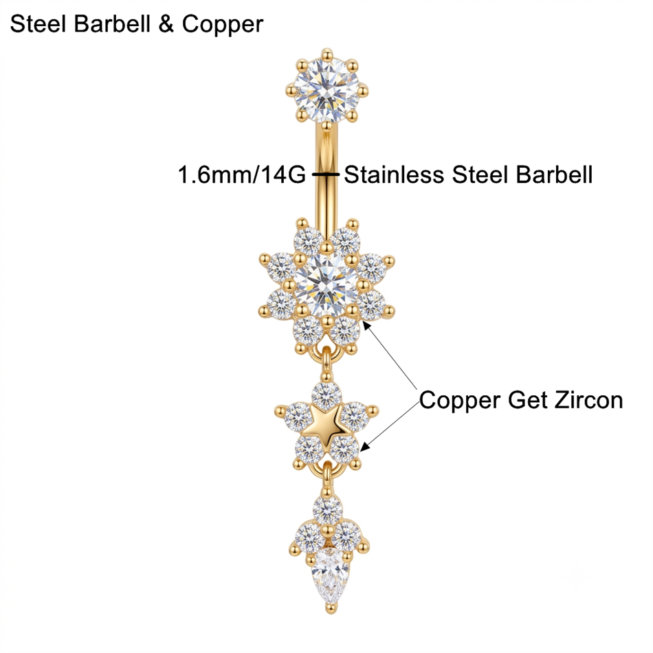 繊細なCZバタフライフラワーベリーボタンリング、ロングクリス - Belly Bar Titanium のレビューと価格