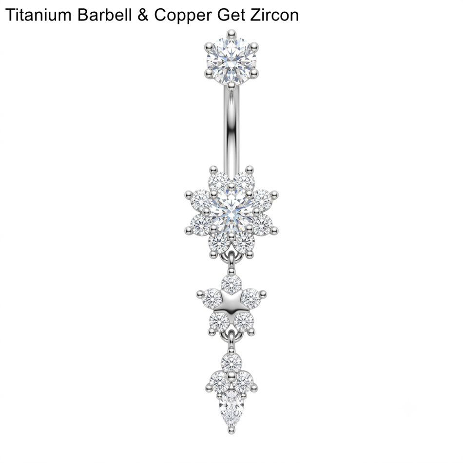 繊細なCZバタフライフラワーベリーボタンリング、ロングクリス - Belly Bar Titanium のレビューと価格